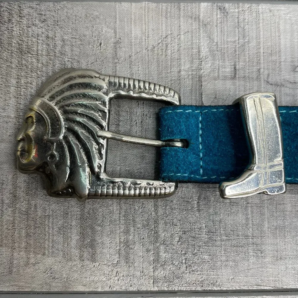Vintage Native American Indian Head Silver Buckle Teal Calfskin Leather Belt S